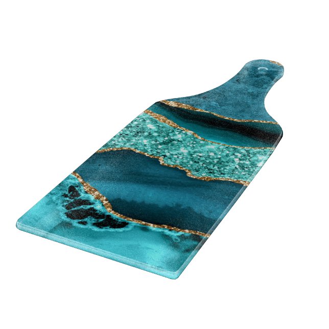 Agate Teal Blue Gold Glitter Marble Aqua Turquoise Cutting Board (Corner)