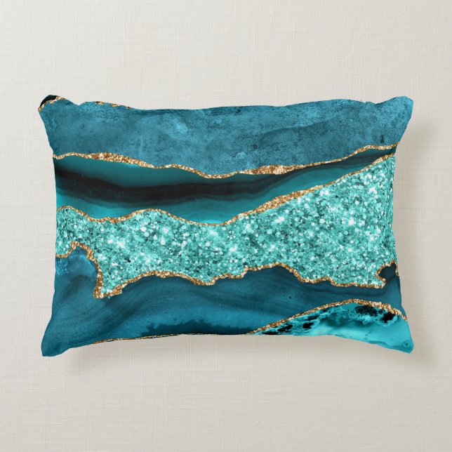 Agate Teal Blue Gold Glitter Marble Aqua Turquoise Decorative Cushion (Front)