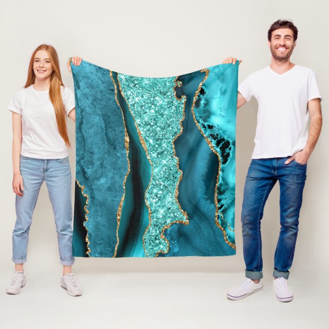 Agate Teal Blue Gold Glitter Marble Aqua Turquoise Fleece Blanket (In Situ)