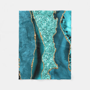 Agate Teal Blue Gold Glitter Marble Aqua Turquoise Fleece Blanket