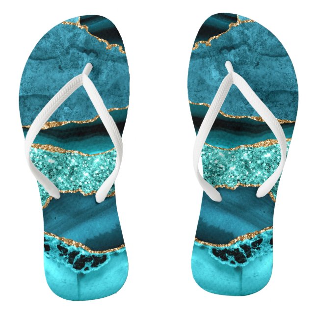 Agate Teal Blue Gold Glitter Marble Aqua Turquoise Flip Flops (Footbed)