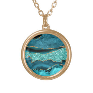 Agate Teal Blue Gold Glitter Marble Aqua Turquoise Gold Plated Necklace