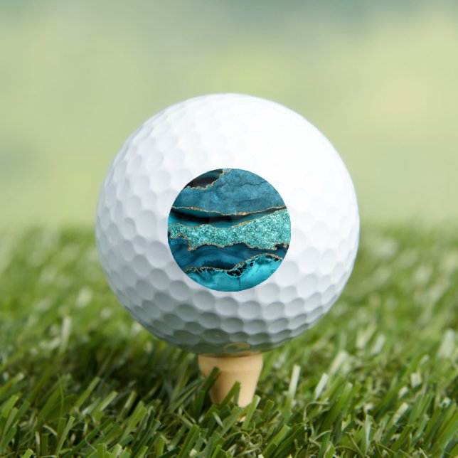 Agate Teal Blue Gold Glitter Marble Aqua Turquoise Golf Balls (Insitu Tee)