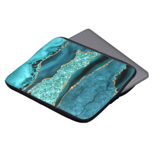 Agate Teal Blue Gold Glitter Marble Aqua Turquoise Laptop Sleeve