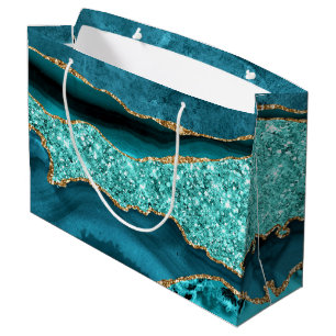 Agate Teal Blue Gold Glitter Marble Aqua Turquoise Large Gift Bag