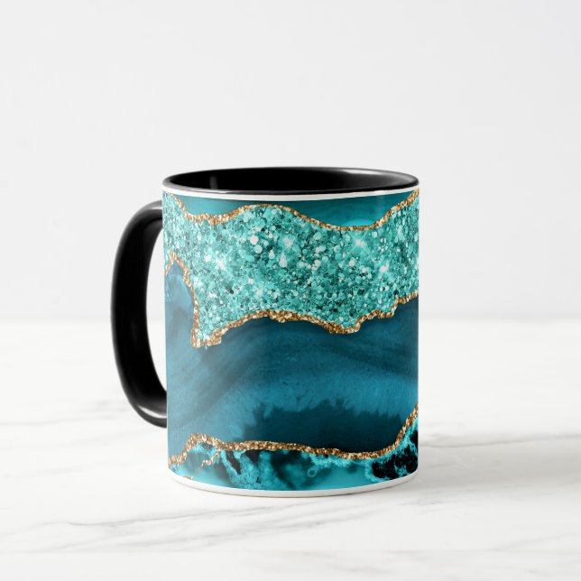 Agate Teal Blue Gold Glitter Marble Aqua Turquoise Mug (Front Left)