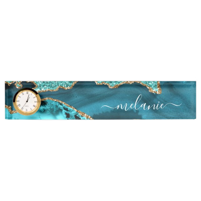 Agate Teal Blue Gold Glitter Marble Aqua Turquoise Nameplate (Front)