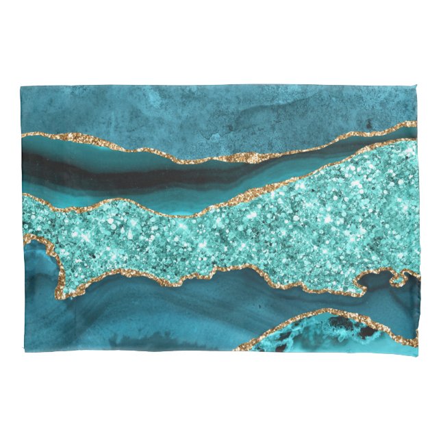 Agate Teal Blue Gold Glitter Marble Aqua Turquoise Pillowcase (Front)