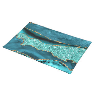 Agate Teal Blue Gold Glitter Marble Aqua Turquoise Placemat