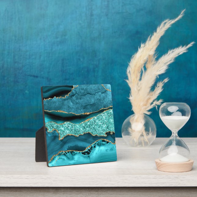 Agate Teal Blue Gold Glitter Marble Aqua Turquoise Plaque (Insitu)