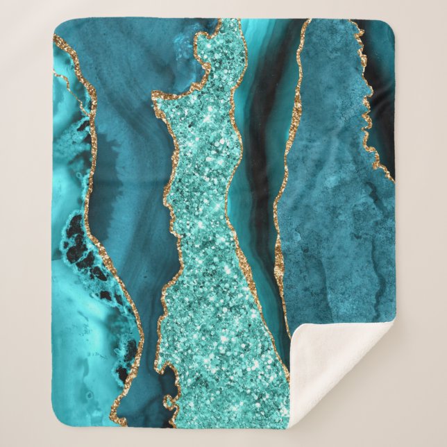 Agate Teal Blue Gold Glitter Marble Aqua Turquoise Sherpa Blanket (Front)