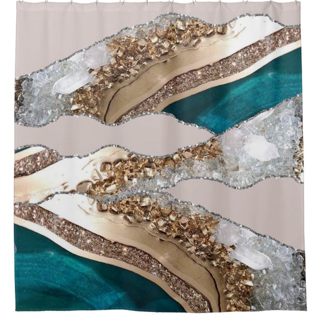 Agate Teal Blue Gold Glitter Marble Aqua Turquoise Shower Curtain (Front)