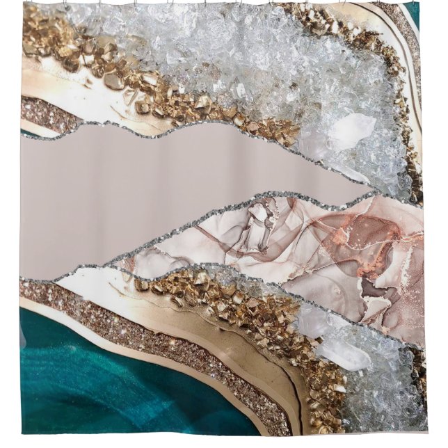 Agate Teal Blue Gold Glitter Marble Aqua Turquoise Shower Curtain (Front)