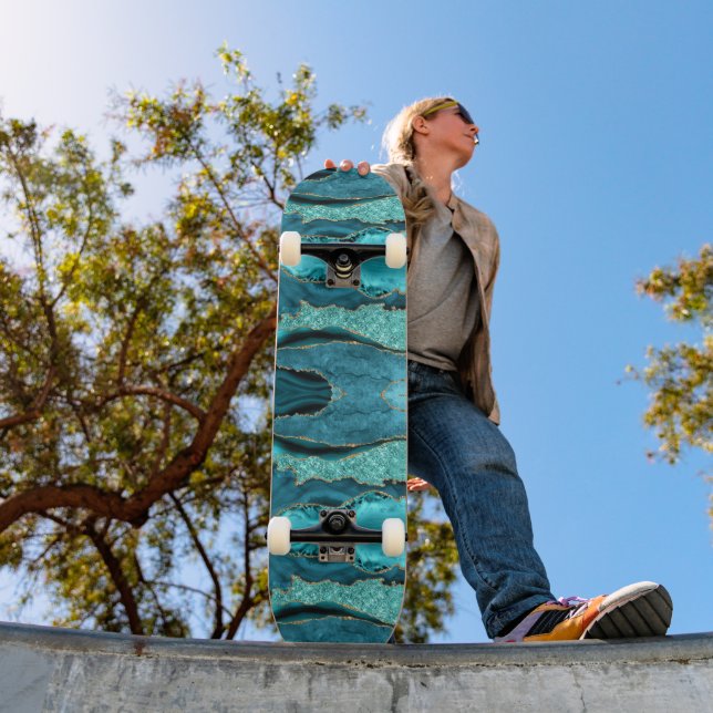 Agate Teal Blue Gold Glitter Marble Aqua Turquoise Skateboard (Outdoor 1)