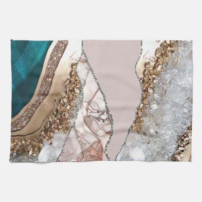 Agate Teal Blue Gold Glitter Marble Aqua Turquoise Tea Towel (Horizontal)