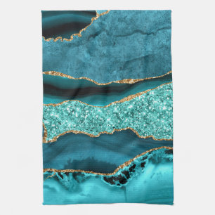Agate Teal Blue Gold Glitter Marble Aqua Turquoise Tea Towel