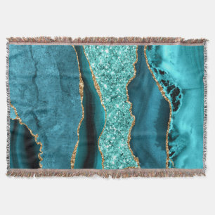 Agate Teal Blue Gold Glitter Marble Aqua Turquoise Throw Blanket