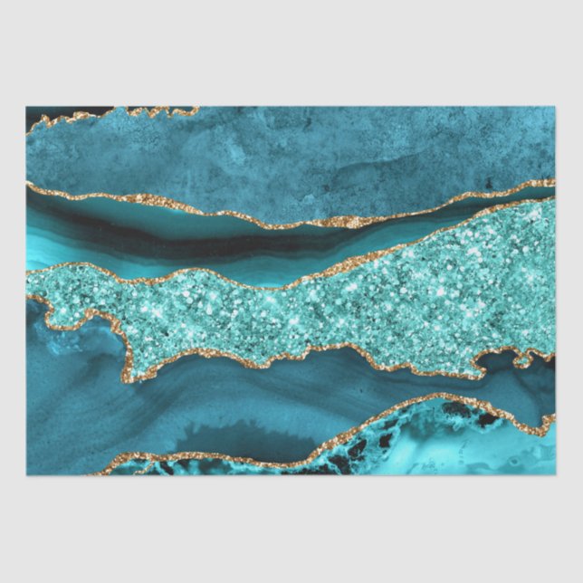 Agate Teal Blue Gold Glitter Marble Aqua Turquoise Tissue Paper (Front)