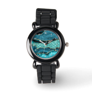 Agate Teal Blue Gold Glitter Marble Aqua Turquoise Watch