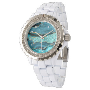 Agate Teal Blue Gold Glitter Marble Aqua Turquoise Watch