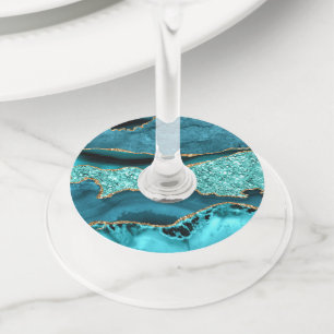 Agate Teal Blue Gold Glitter Marble Aqua Turquoise Wine Glass Tag