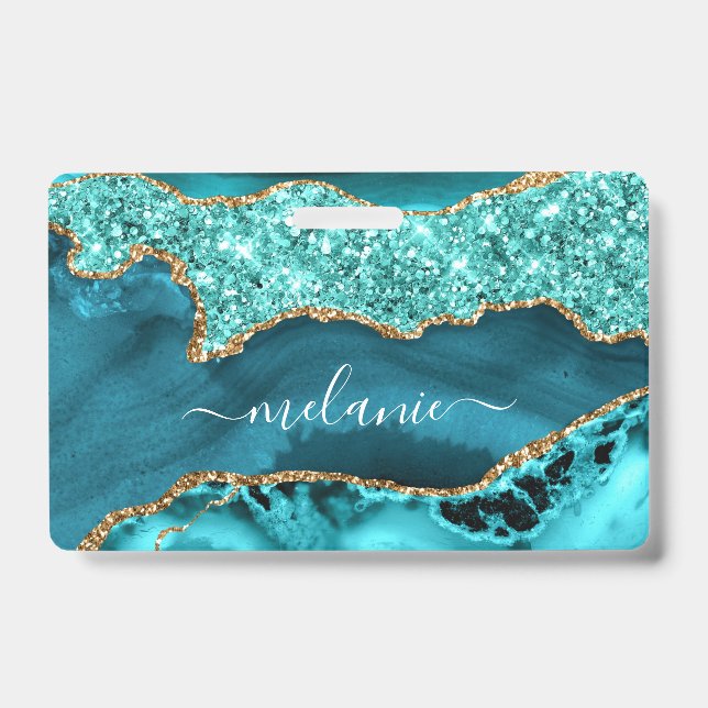 Agate Teal Blue Gold Glitter Marble Custom Name ID Badge (Front)