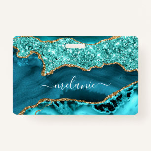 Agate Teal Blue Gold Glitter Marble Custom Name ID Badge