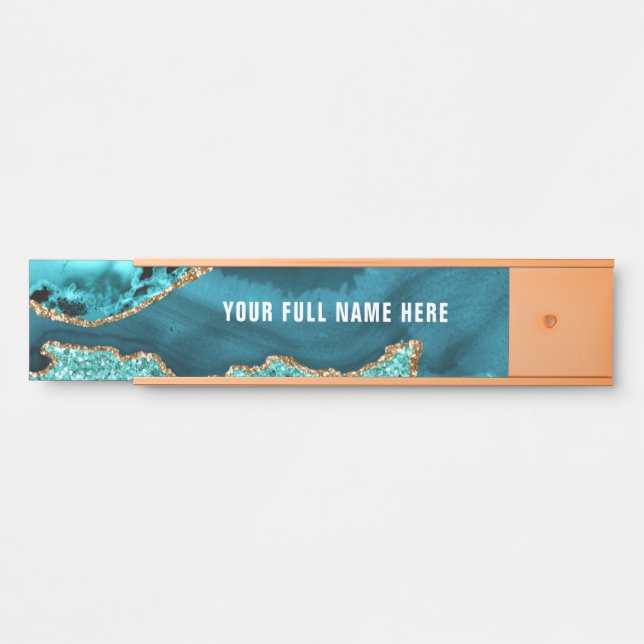 Agate Teal Blue Gold Glitter Marble Your Name Text Door Sign (Front)