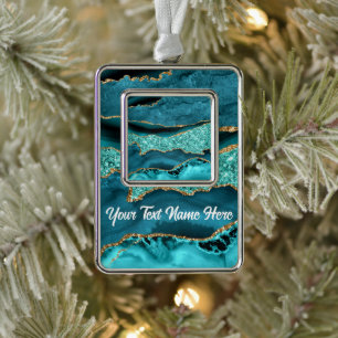 Agate Teal Blue Gold Glitter Marble Your Name Text Silver Plated Framed Ornament