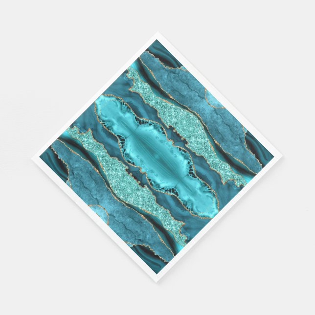 Agate Teal Blue Gold Marble Aqua Turquoise Napkins (Corner)