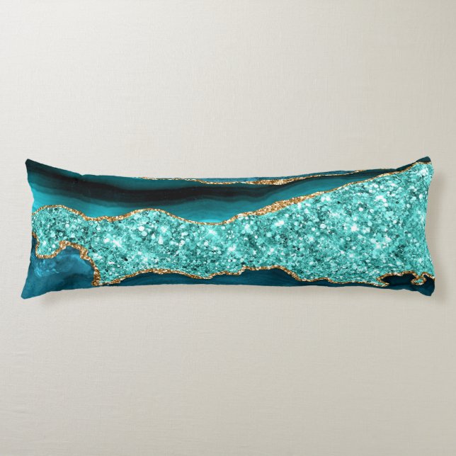Agate Teal Blue Gold Marble Aqua Turquoise Pillow (Front)