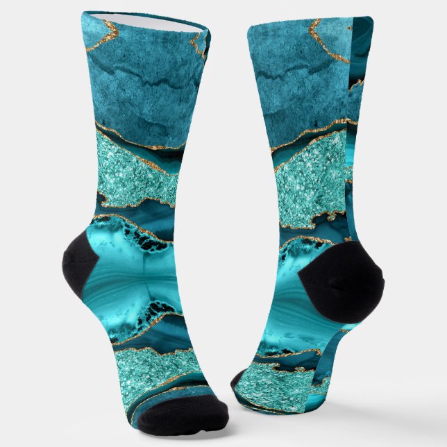 Agate Teal Blue Gold Marble Aqua Turquoise Socks (Angled)