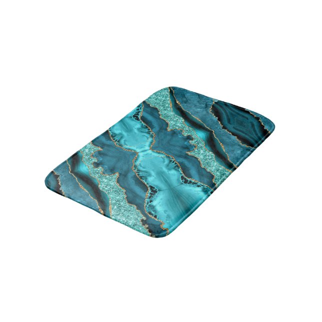 Agate Teal Blue Gold Marble Turquoise Bath Mat (Angled)