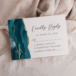 Agate Teal Blue Gold Modern Script Wedding RSVP Card