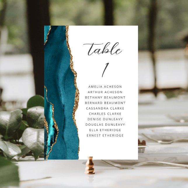 Agate Teal Blue Gold Modern Script Wedding Table Number (Creator Uploaded)