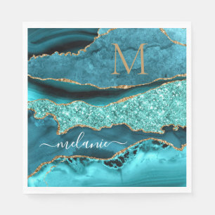 Agate Teal Blue Gold Name Letter Aqua Turquoise Napkin