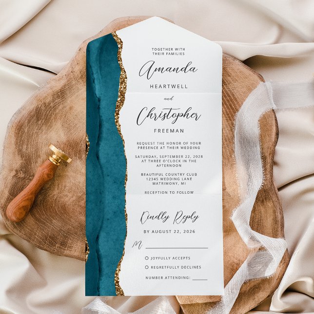 Agate Teal Blue Gold Script All In One Invitation (Creator Uploaded)