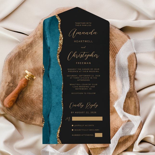 Agate Teal Blue Gold Script Dark All In One Invitation (Creator Uploaded)