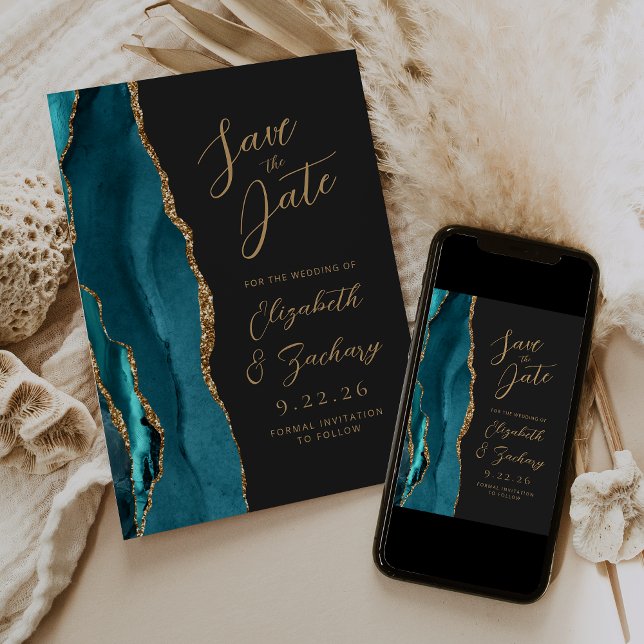 Agate Teal Blue Gold Script Dark Wedding Save The Date (Creator Uploaded)