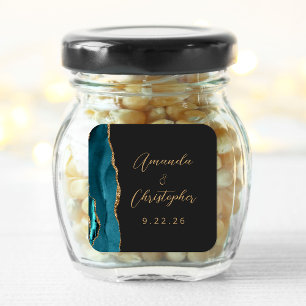 Agate Teal Blue Gold Script Dark Wedding Square Sticker