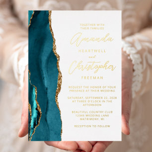 Agate Teal Blue Gold Script Wedding