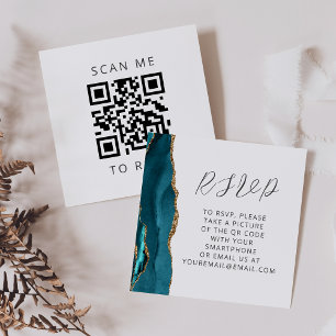 Agate Teal Blue Gold Wedding QR Code RSVP Enclosure Card