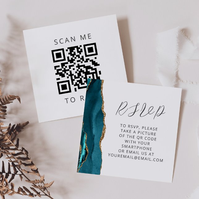 Agate Teal Blue Gold Wedding QR Code RSVP Enclosure Card (Creator Uploaded)