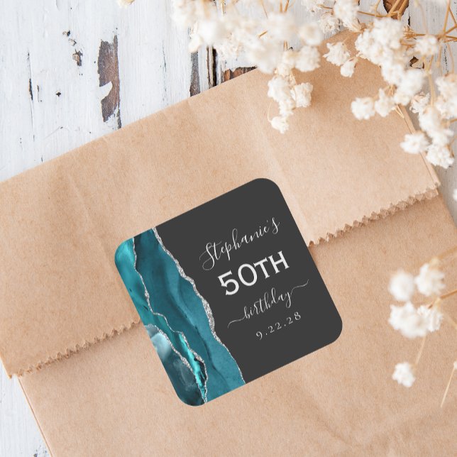 Agate Teal Blue Silver Dark 50th Birthday Square Sticker (Creator Uploaded)
