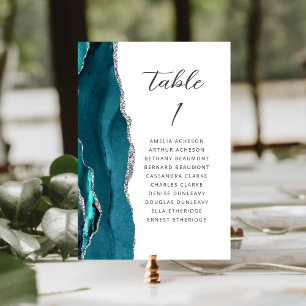 Agate Teal Blue Silver Modern Script Wedding Table Number