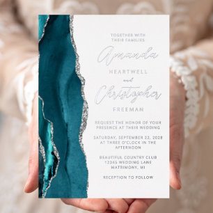 Agate Teal Blue Silver Script Wedding