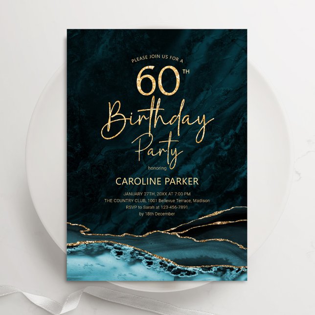 Agate Teal Gold 60th Birthday Invitation (Creator Uploaded)