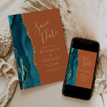 Agate Teal Gold Burnt Orang Save the Date Announcement<br><div class="desc">This elegant modern save the date card features a teal blue watercolor agate border trimmed with faux gold glitter. Easily customise the gold coloured text on a burnt orange background. A matching teal and gold agate design appears on the back.</div>