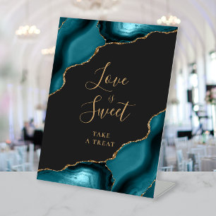 Agate Teal Gold Dark Wedding Love Is Sweet Pedestal Sign