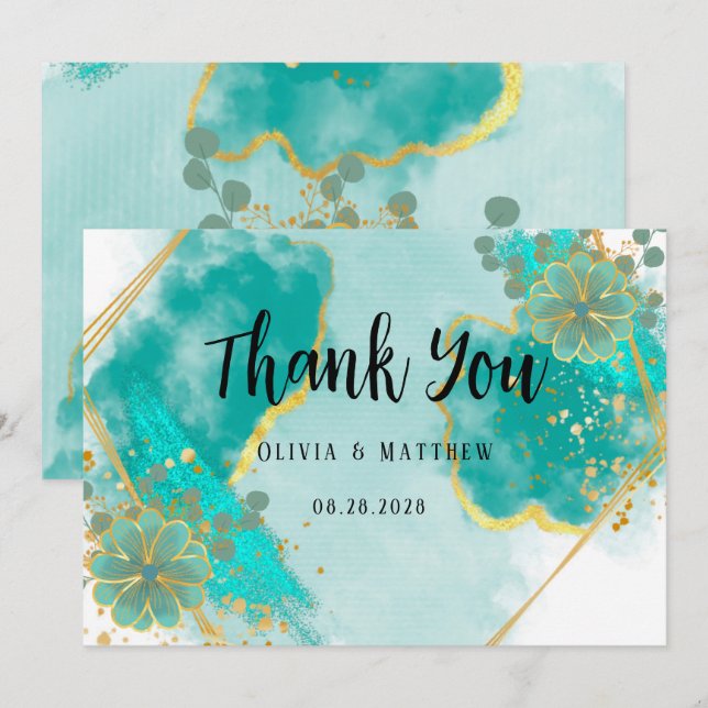 Agate Teal & Gold Floral Wedding Thank You Cards (Front/Back)